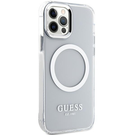Etui Guess GUHMP12MHTRMS na iPhone 12 / iPhone 12 Pro - srebrne Metal Outline Magsafe