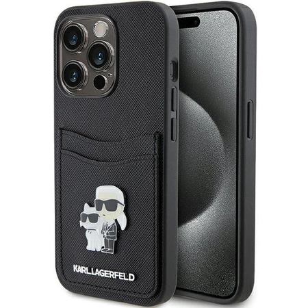 Etui Karl Lagerfeld Saffiano Cardslot Karl&Choupette Metal Pin do iPhone 15 Pro - czarne