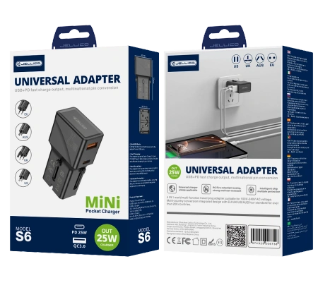 JELLICO uniwersalny adapter podróżny S6 PD 25W 1xUSB-C + 1xUSB QC3.0 Czarny