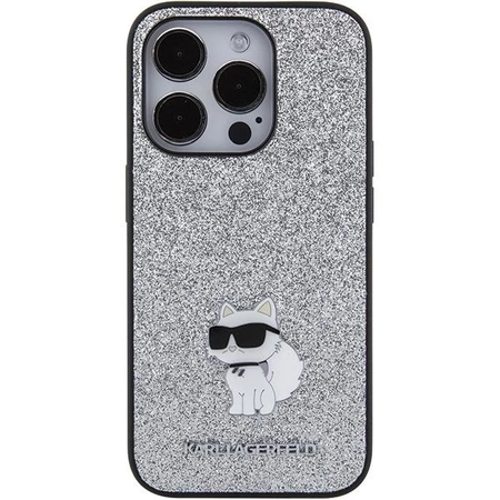 Etui Karl Lagerfeld Fixed Glitter Choupette Logo Metal Pin do iPhone 15 Pro - srebrne