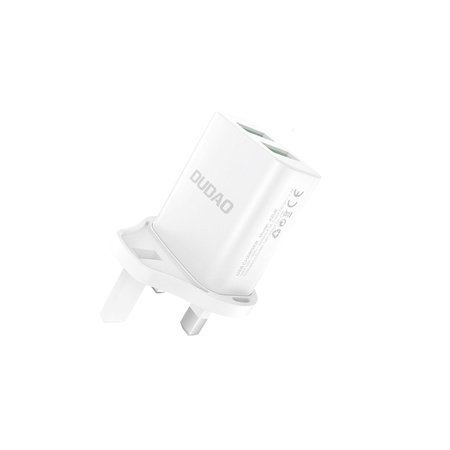 Dudao ładowarka sieciowa wtyczka UK (Wielka Brytania) 2xUSB-A 2.4A biała + kabel USB-A - USB-C biały