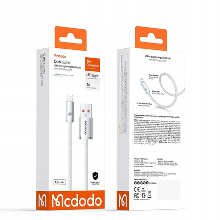 MCDODO KABEL USB-A LIGHTNING SZYBKIE ŁADOWANIE DO TELEFONU 3A LED BIAŁY 1M