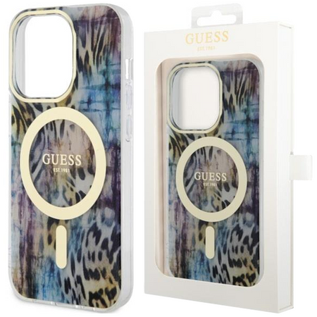 Etui Guess GUHMP14LHLEOPWB na iPhone 14 Pro - niebieskie Leopard MagSafe
