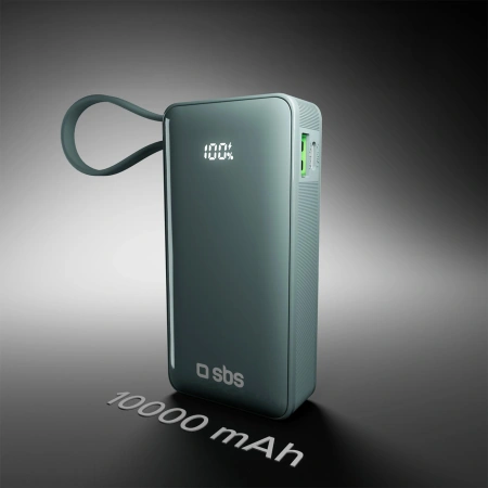 Powerbank SBS 10000 mAh 20W z wbudowanym kablem USB-C i wyświetlaczem cyfrowym - szary