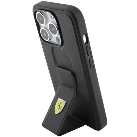 Etui Ferrari Grip Stand Metal Logo na iPhone 15 Pro - czarne