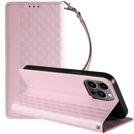 Magnet Strap Case etui iPhone 14 Plus pokrowiec z klapką portfel mini smycz podstawka różowe