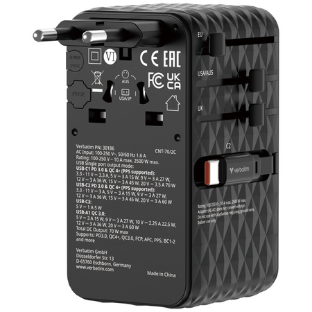 Verbatim Adapter podróżny EU/UK/US GaN   1xUSB-C/1xUSB-A/2xUSB-C PD 70W czarny 30186