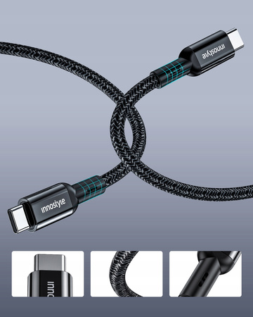 INNOSTYLE POWERFLEX ULTRA KABEL USB-C SZYBKIE ŁADOWANIE THUNDERBOLT 10GBPS 100W KEVLAR 2M CZARNY