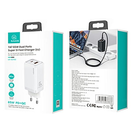 USAMS ŁADOWARKA SIECIOWA 65W PD 1XUSB-C 1XUSB DO TELEFONÓW IPHONE 12 13 14