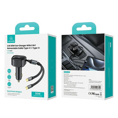 USAMS ŁADOWARKA SAMOCHODOWA ZWIJANY KABEL 2XUSB-C 30W PD DO IPHONE 12 13 14