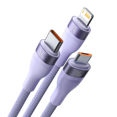 Baseus Flash Series Ⅱ kabel 3w1 do szybkiego ładowania USB-A do USB-C / Micro-USB / Lightning 66W 480Mb/s 1.2m fioletowy