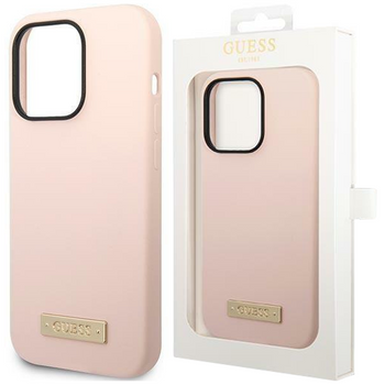 Etui Guess GUHMP14XSBPLP na iPhone 14 Pro Max - różowe Silicone Logo Plate MagSafe