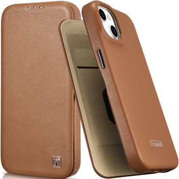 iCarer CE Premium Leather Folio Case skórzane etui iPhone 14 Plus z klapką magnetyczne MagSafe brązowy (WMI14220715-BN)