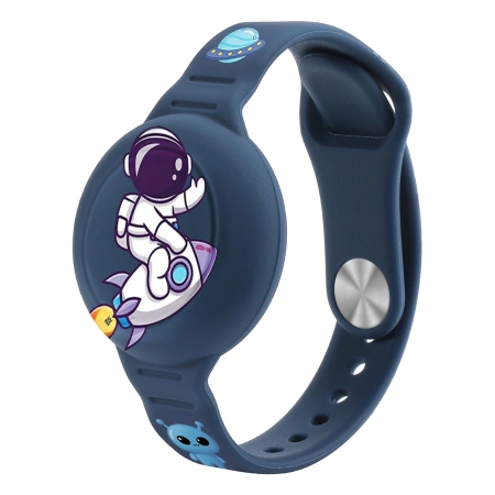 Opaska etui na AirTag silikonowa bransoletka na rękę dla dziecka - granatowa z astronautą