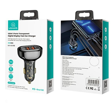 USAMS ŁADOWARKA 2XUSB 1XUSB-C DO SAMOCHODU SZYBKIE ŁADOWANIE 125W CC158CC01