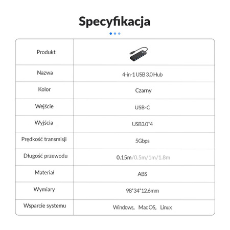 HUB USB-C Orico PAPW4A-C3-015-BK-EP 4 x USB-A 3.0 5Gbps, czarny