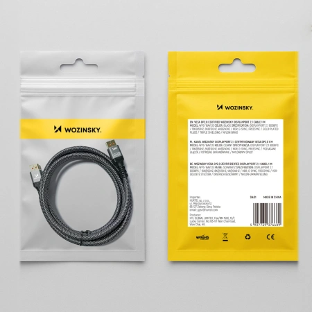 Kabel Wozinsky WPS-16AYL1S DisplayPort 2.1 Certyfikowany VESA 80 Gb/s 16K@60Hz 8K@120Hz 4K@240Hz HDR HDCP DSC 1m - czarny