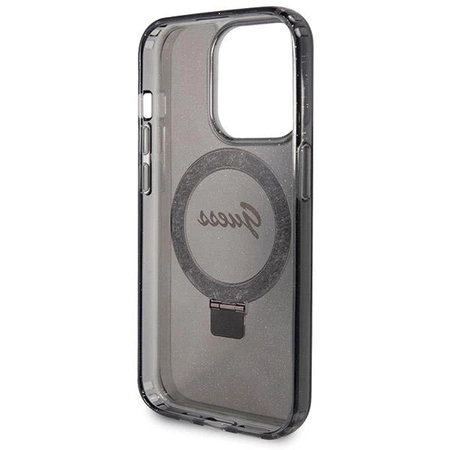 Etui Guess Ring Stand Script Glitter MagSafe na iPhone 13 Pro / 13 - czarne