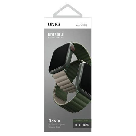 UNIQ pasek Revix Apple Watch Series1/2/3/4/5/6/7/8/9/SE/SE2/Ultra/Ultra 2 42/44/45/49mm. Reversible Magnetic zielony-ciemnoszary/green-taupe