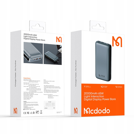 MCDODO POWERBANK Z WYŚWIETLACZEM 20000MAH 65W 3 X USB USB-C + KABEL USB-C CZARNY