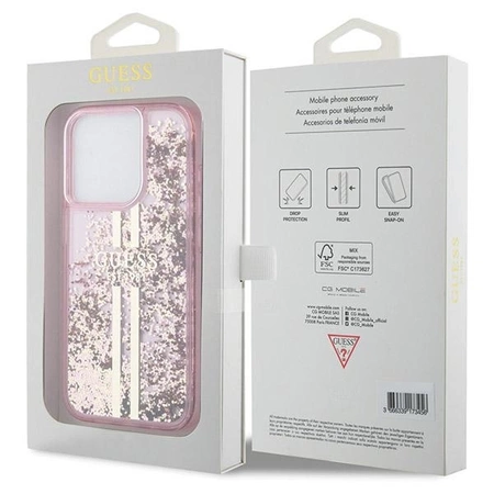 Etui Guess Liquid Glitter Gold Stripes na iPhone 15 Pro - różowe