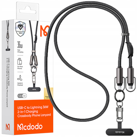 MCDODO SMYCZ DO TELEFONU NA SZYJE WKŁADKA CROSSBODY CZARNA KABEL DO IPHONE