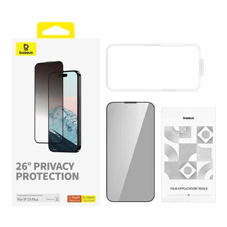 BASEUS SZKŁO HARTOWANE PRYWATYZUJĄCE DO IPHONE 15 PLUS ANTYWZGLĘDNE