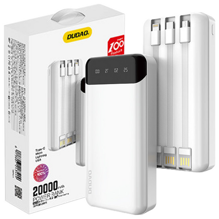 Dudao pojemny powerbank z 3 wbudowanymi kablami 20000mAh USB Typ C + micro USB + Lightning biały (Dudao K6Pro+)