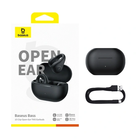 Słuchawki Baseus Bass 15 Clip OWS bezprzewodowe z kablem Baseus Simple USB-C 3A 30cm - czarne