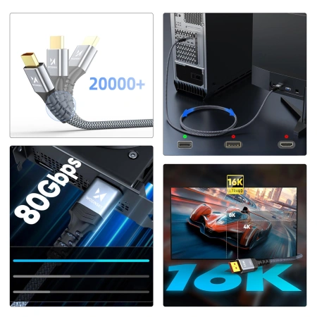 Kabel Wozinsky WPS-16AYL2S DisplayPort 2.1 Certyfikowany VESA 80 Gb/s 16K@60Hz 8K@120Hz 4K@240Hz HDR HDCP DSC 2m - czarny