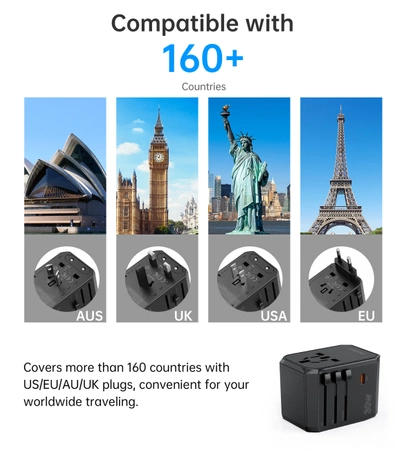 Ładowarka podróżna Choetech PD6041 USB-C USB-A PD 30W z 4 wtyczkami USA EU UK AU - czarna