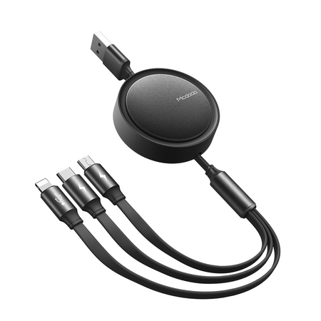 Kabel do telefonu, 3w1, USB, do iPhone, USB-C , micro USB, 1,2 m, czarny, zwijany, McDodo