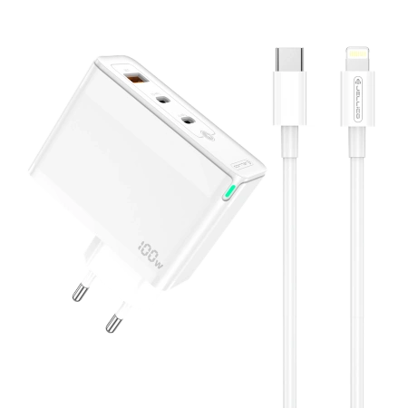 JELLICO ładowarka sieciowa C118 GaN PD 100W 2xUSB-C + 1xUSB QC3.0 + kabel USB-C - Lightning Biały