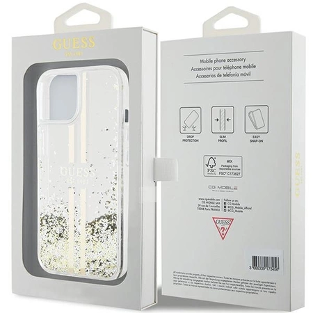 Etui Guess Liquid Glitter Gold Stripes na iPhone 15 Plus / 14 Plus - przezroczyste