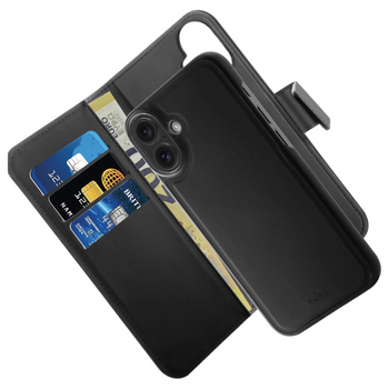 Etui z ekoskóry Puro Wallet Detachable MagSafe 2w1 z klapką i portfelem do iPhone 16 - czarne