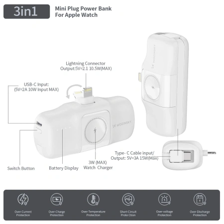 WOZINSKY MINI POWERBANK Z KABLEM USB-C DO APPLE WATCH 5000MAH 15W