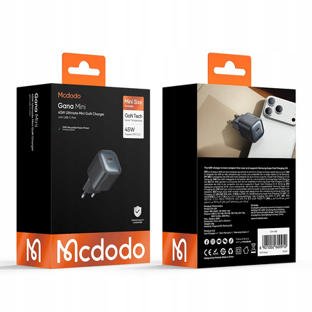 MCDODO SZYBKA ŁADOWARKA SIECIOWA ZASILACZ KOSTKA DO ŁADOWARKI USB-C 45W GAN