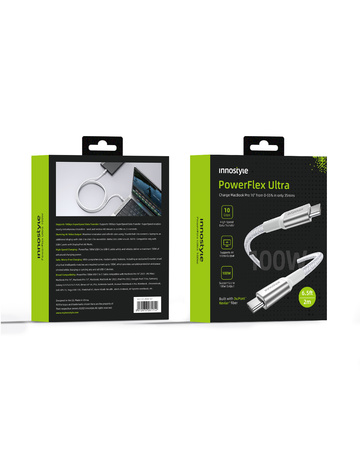 INNOSTYLE POWERFLEX ULTRA KABEL USB-C SZYBKIE ŁADOWANIE THUNDERBOLT 10GBPS 100W KEVLAR 2M SREBRNY