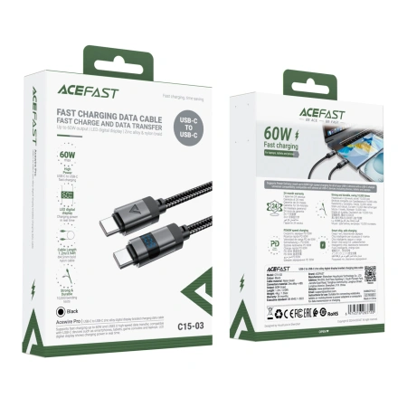 ACEFAST KABEL USB-C DO USB-C Z WYŚWIETLACZEM 66W 1.2M DO ŁADOWANIA S10 S20