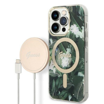 Guess zestaw ładowarka MagSafe + etui do iPhone 14 Pro 6,1" zielone Jungle (GUBPP14LHJEACSA)