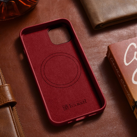 iCarer Case Leather pokrowiec etui z naturalnej skóry do iPhone 14 Plus czerwony (kompatybilne z MagSafe)