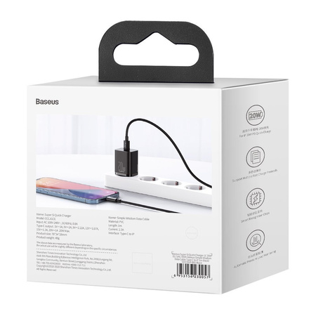 Baseus Super Si 1C szybka ładowarka USB Typ C 20W Power Delivery + kabel USB Typ C - Lightning 1m czarny (TZCCSUP-B01)