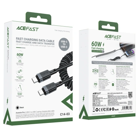 ACEFAST KABEL USB-C SPRĘŻYNOWY 480MB/S 3A 1.2M DO ŁADOWANIA IPHONE GALAXY