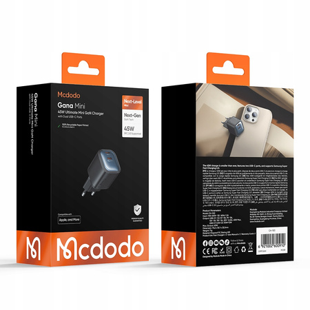 MCDODO SZYBKA ŁADOWARKA SIECIOWA DO TELEFONU ZASILACZ 2X USB-C PD GAN 45W