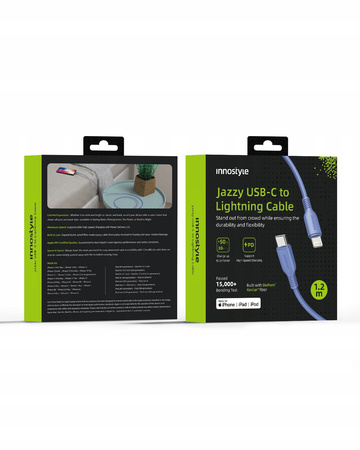 INNOSTYLE JAZZY KABEL USB-C LIGHTNING MFI SZYBKIEGO ŁADOWANIA DO IPHONE KEVLAR 1M NIEBIESKI
