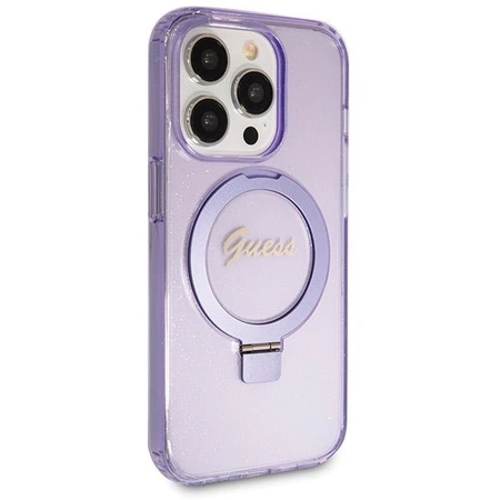 Etui Guess Ring Stand Script Glitter MagSafe na iPhone 14 Pro - fioletowe