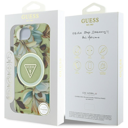 GUESS ETUI CASE IML METAL GLITTER DO IPHONE 16E DO MAGSAFE FLOWERS TRIANGLE