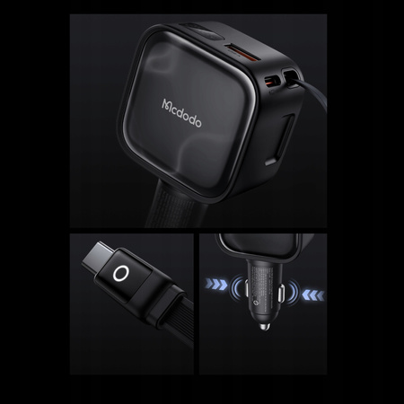 MCDODO SZYBKA ŁADOWARKA SAMOCHODOWA 3X USB USB-C 130W LED KABEL ZWIJANY 1M