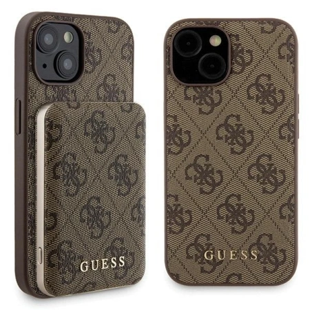 Zestaw Guess GUBPM5P15S4GEMGW iPhone15 6.1 hardcase + Powerbank 5000mAh MagSafe brązowy/brown 4G Metal Logo