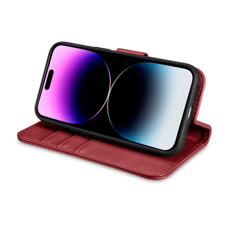 iCarer Wallet Case 2in1 etui iPhone 14 Pro skórzany pokrowiec z klapką Anti-RFID czerwony (WMI14220726-RD)